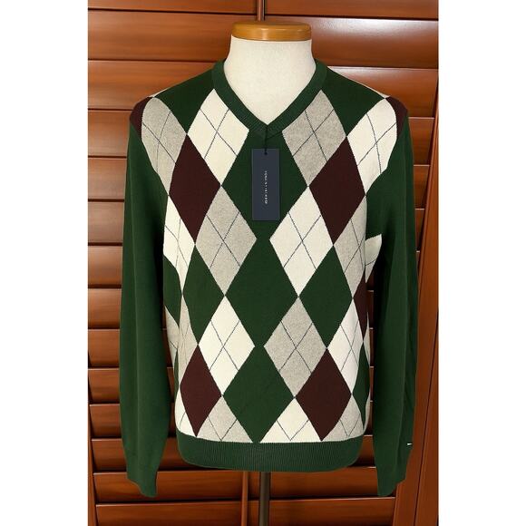 Tommy Hilfiger Argyle Cotton Cashmere V-Neck Pullover Sweater Green Size Medium - Picture 1 of 8